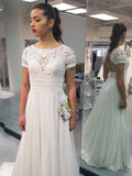 A-line Lace Top Short Sleeves Chiffon Beach Wedding Dresses SWD0016-SheerGirl