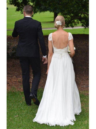 A-line Lace and Chiffon Sweep Train Beach Wedding Dress with Cap Sleeves,apd1609-SheerGirl