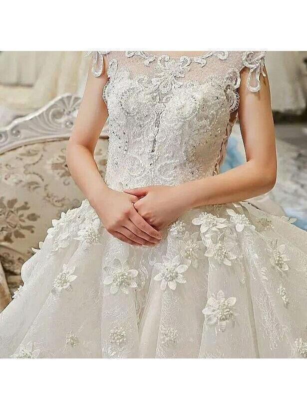A-line Lace with Flowers Cathedral Train Royal Lace Wedding Dresses APD2817-SheerGirl