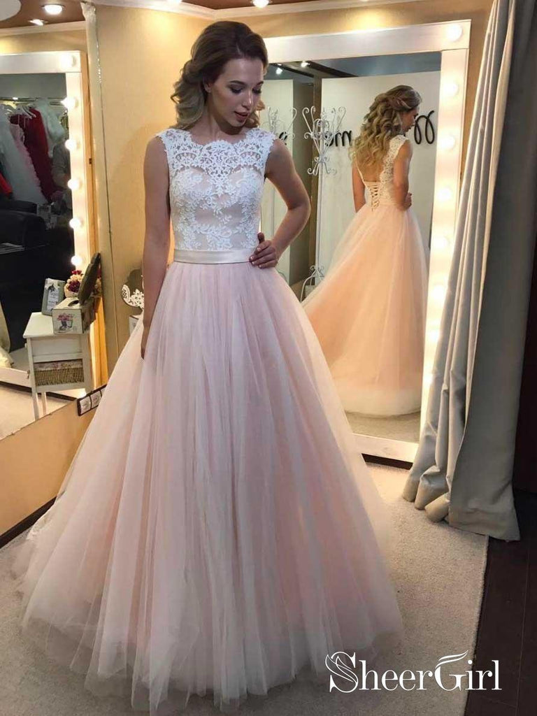 A-line Light Pink Tulle Prom Dresses White Lace Applique Quinceanera Dress APD1997-SheerGirl
