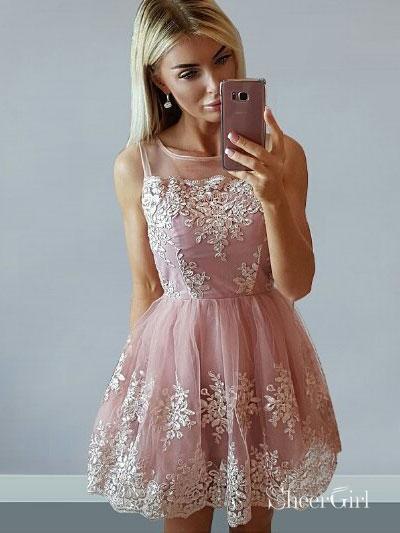 A-Line Lilac Tulle with Silver Lace Appliqued Short Homecoming Dresses APD2762
