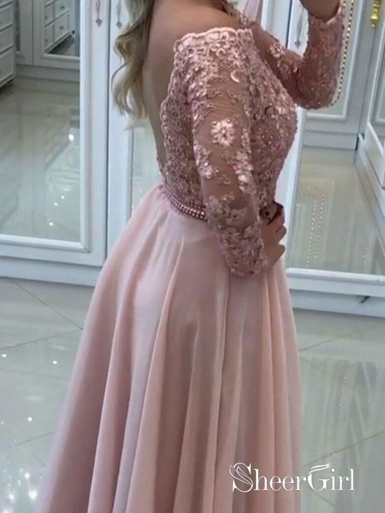 A-line Off the Shoulder Lace Top Chiffon Prom Dresses with Long Sleeves APD2995 A-line Off the Shoulder Lace Top Chiffon Prom Dresses with Long Sleeves APD2995