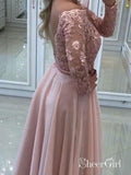 A-line Off the Shoulder Lace Top Chiffon Prom Dresses with Long Sleeves APD2995-SheerGirl