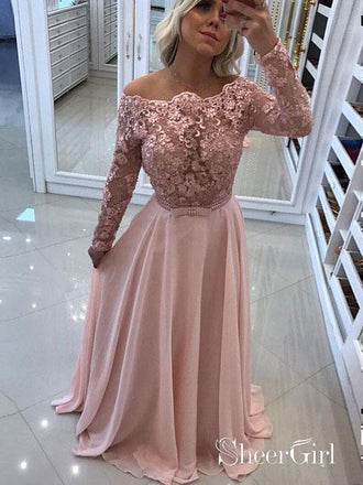 A-line Off the Shoulder Lace Top Chiffon Prom Dresses with Long Sleeves APD2995-SheerGirl