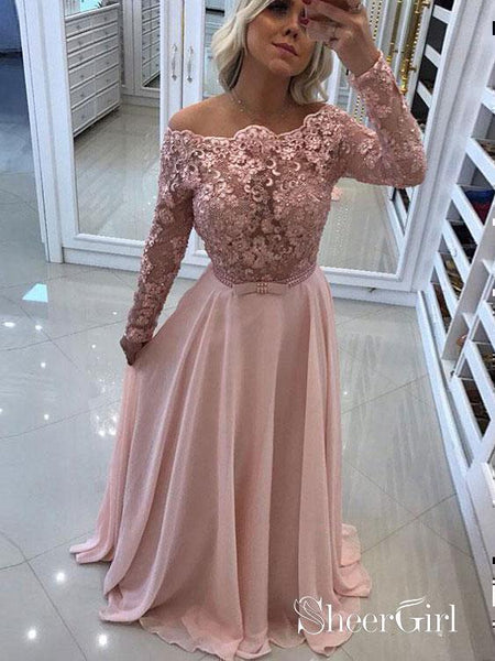 A-line Off the Shoulder Lace Top Chiffon Prom Dresses with Long Sleeves APD2995 A-line Off the Shoulder Lace Top Chiffon Prom Dresses with Long Sleeves APD2995