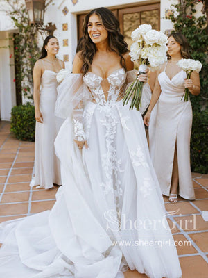 A-line Off the Shoulder Long Sleeves Lace Appliques Bohemian Wedding Dress AWD1918-SheerGirl