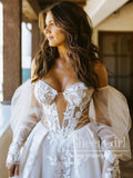 A-line Off the Shoulder Long Sleeves Lace Appliques Bohemian Wedding Dress AWD1918-SheerGirl