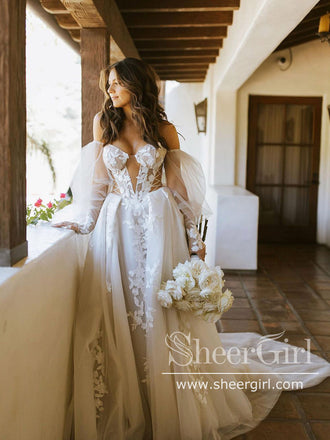 A-line Off the Shoulder Long Sleeves Lace Appliques Bohemian Wedding Dress AWD1918-SheerGirl