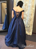 A-line Off the Shoulder Navy Satin Cheap Formal Long Prom Dresses,APD3231-SheerGirl