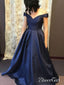 A-line Off the Shoulder Navy Satin Cheap Formal Long Prom Dresses,APD3231
