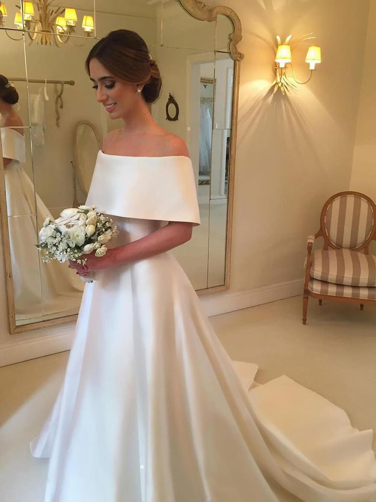 A-line Off the Shoulder Satin Cheap Simple Bridal Wedding Dresses SWD0058 A-line Off the Shoulder Satin Cheap Simple Bridal Wedding Dresses SWD0058