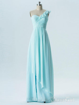 A-line One Shoulder Mint Chiffon Empire Long Bridesmaid Dresses APD2864-SheerGirl