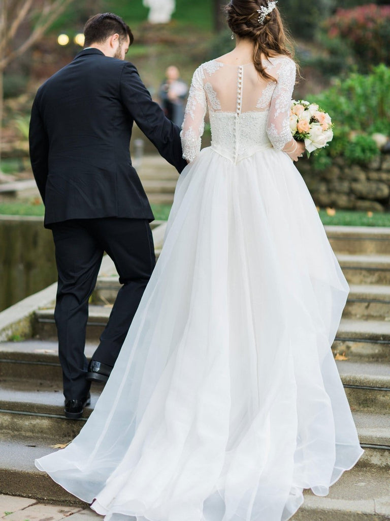 Two Piece Beach Bridal Dress 3/4 Sleeves Lace Chiffon Wedding Dress DTW249  – DressTok.co.uk