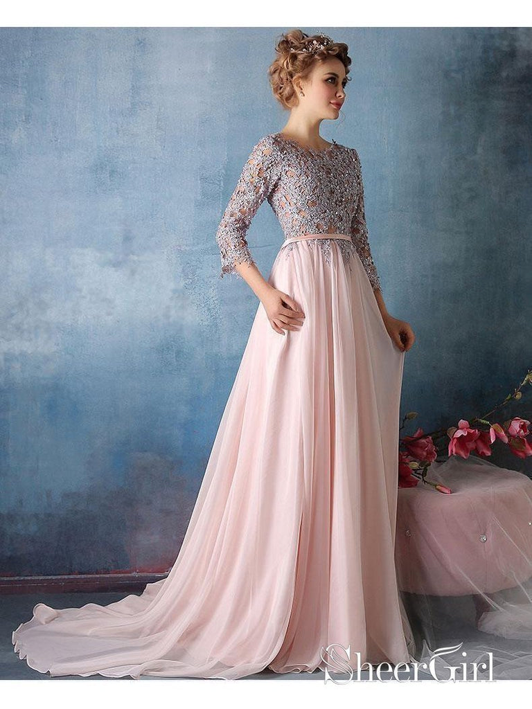 A-line Pink Chiffon with Silver Lace Appliqued Long Prom Dresses with 3/4  Sleeves,apd2678