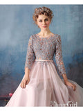 A-line Pink Chiffon with Silver Lace Appliqued Long Prom Dresses with 3/4 Sleeves,apd2678-SheerGirl