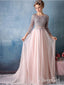 A-line Pink Chiffon with Silver Lace Appliqued Long Prom Dresses with 3/4 Sleeves,apd2678