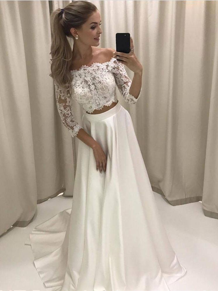 A-line Princess Lace Bodice 3/4 Sleeves Two Pieces Simple Wedding Dresses APD3033-SheerGirl