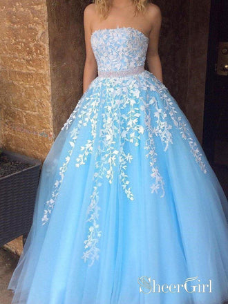 A-line Princess Sky Blue Lace Appliqued Tulle Long Strapless Prom Dresses APD3108-SheerGirl
