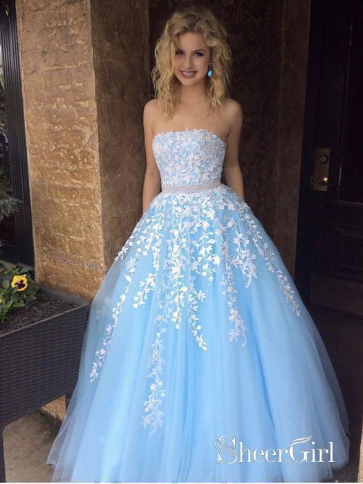 A-line Princess Sky Blue Lace Appliqued Tulle Long Strapless Prom Dresses APD3108-SheerGirl