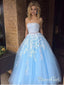 A-line Princess Sky Blue Lace Appliqued Tulle Long Strapless Prom Dresses APD3108