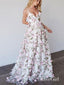 Una línea de princesa con cuello en V vestidos de fiesta florales vestidos largos formales de encaje con apliques 3D APD3126 