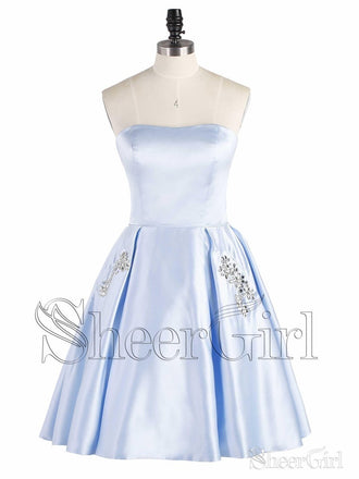 A-line Satin Beaded Strapless Cheap Homecoming Dresses with Pocket APD2741-SheerGirl