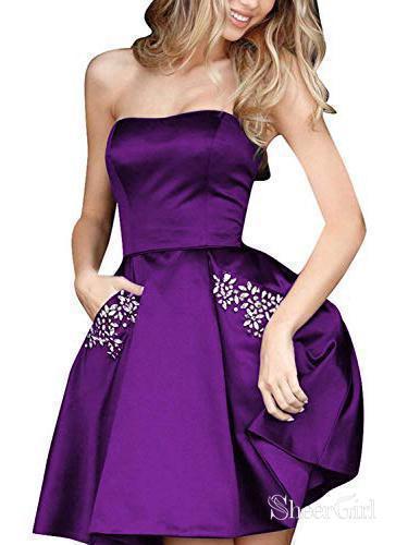 A-line Satin Beaded Strapless Cheap Homecoming Dresses with Pocket APD2741-SheerGirl