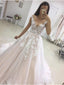 A-line See-through White Lace Appliqued Wedding Dresses with Train SWD0029