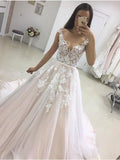 A-line See-through White Lace Appliqued Wedding Dresses with Train SWD0029-SheerGirl