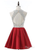 A-line Silver Beaded Top Red Satin Halter Homecoming Dresses APD2757-SheerGirl