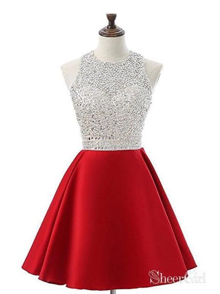 A-line Silver Beaded Top Red Satin Halter Homecoming Dresses APD2757 A-line Silver Beaded Top Red Satin Halter Homecoming Dresses APD2757