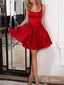 A-line Square neck Red Satin Simple Homecoming Dresses,Short Bridesmaid Dresses apd2596
