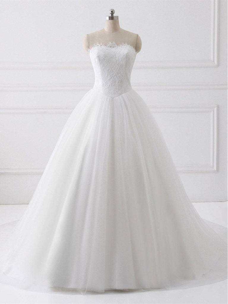 A-line Strapless Lace Bodice Tulle Simple Wedding Dresses with Chapel Train SWD0017-SheerGirl