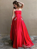 A-line Strapless Simple Long Cheap Red Prom Dresses with Pocket APD3026-SheerGirl