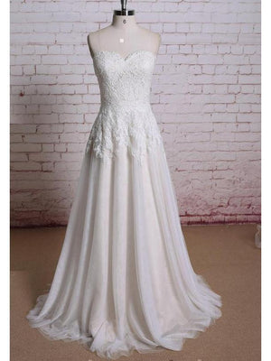 A-line Strapless Sweetheart Ivory Tulle Lace Beach Wedding Dresses,apd2237-SheerGirl