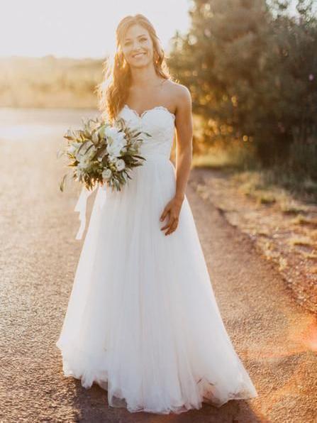 A-line Strapless Sweetheart Neck Beach Wedding Dresses Rustic