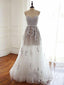 A-line Strapless Sweetheart Neck Lace Appliqued Long Prom Dresses APD3010