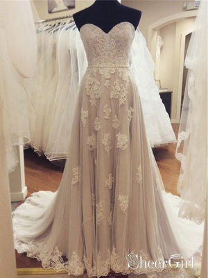 A-line Strapless Sweetheart Neck Lace Appliqued Prom Dresses SWD0014-SheerGirl