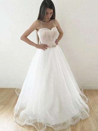 A-line Strapless Sweetheart Neck Lace and Tulle Simple Wedding Dresses SWD0031-SheerGirl