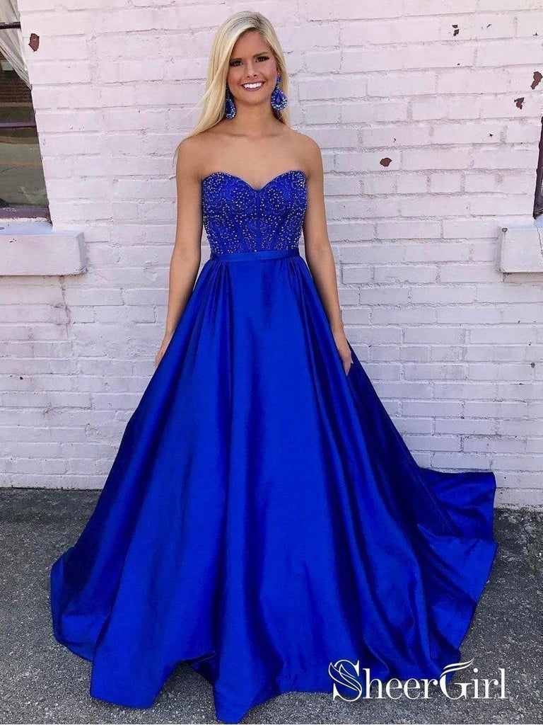 A Line V Neck Royal Blue Long Prom Dresses, Blue V Neck Formal Graduat –  jbydress