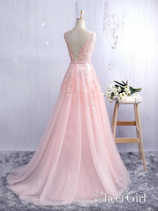 A-line Tulle with Lace Appliqued V-neck Long Prom Dresses apd2443-SheerGirl