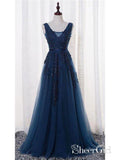A-line Tulle with Lace Appliqued V-neck Long Prom Dresses apd2443-SheerGirl