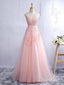 A-line Tulle with Lace Appliqued V-neck Long Prom Dresses apd2443