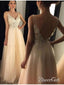 A-line Tulle with Lace See-through Bodice V-neck Long Prom Dresses apd1944