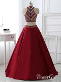 A-line Two Piece Prom Dresses,Burgundy Satin Halter Long Formal Dresses,apd1810-SheerGirl