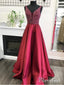 A-line V-neck Beaded Bodice Burgundy Satin Long Prom Dresses APD2887