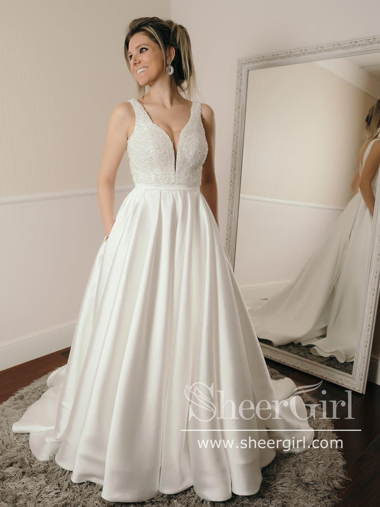 A-line V-neck Beaded Bodice Ivory Satin Wedding Dresses with Pocket SWD006-SheerGirl