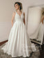 A-line V-neck Beaded Bodice Ivory Satin Wedding Dresses with Pocket SWD006