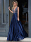 A-line V-neck Beaded Bodice Navy Blue Satin Long Prom Dresses APD3021