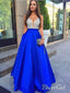 A-line V-neck Beaded Bodice Royal Blue Long Prom Dresses with Pocket APD3048